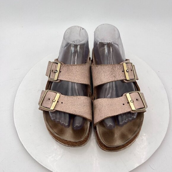 Birkenstock Shoes - Birkenstock Arizona Women Size 7 Rose Gold Leather Slide Buckle Comfort Sandal